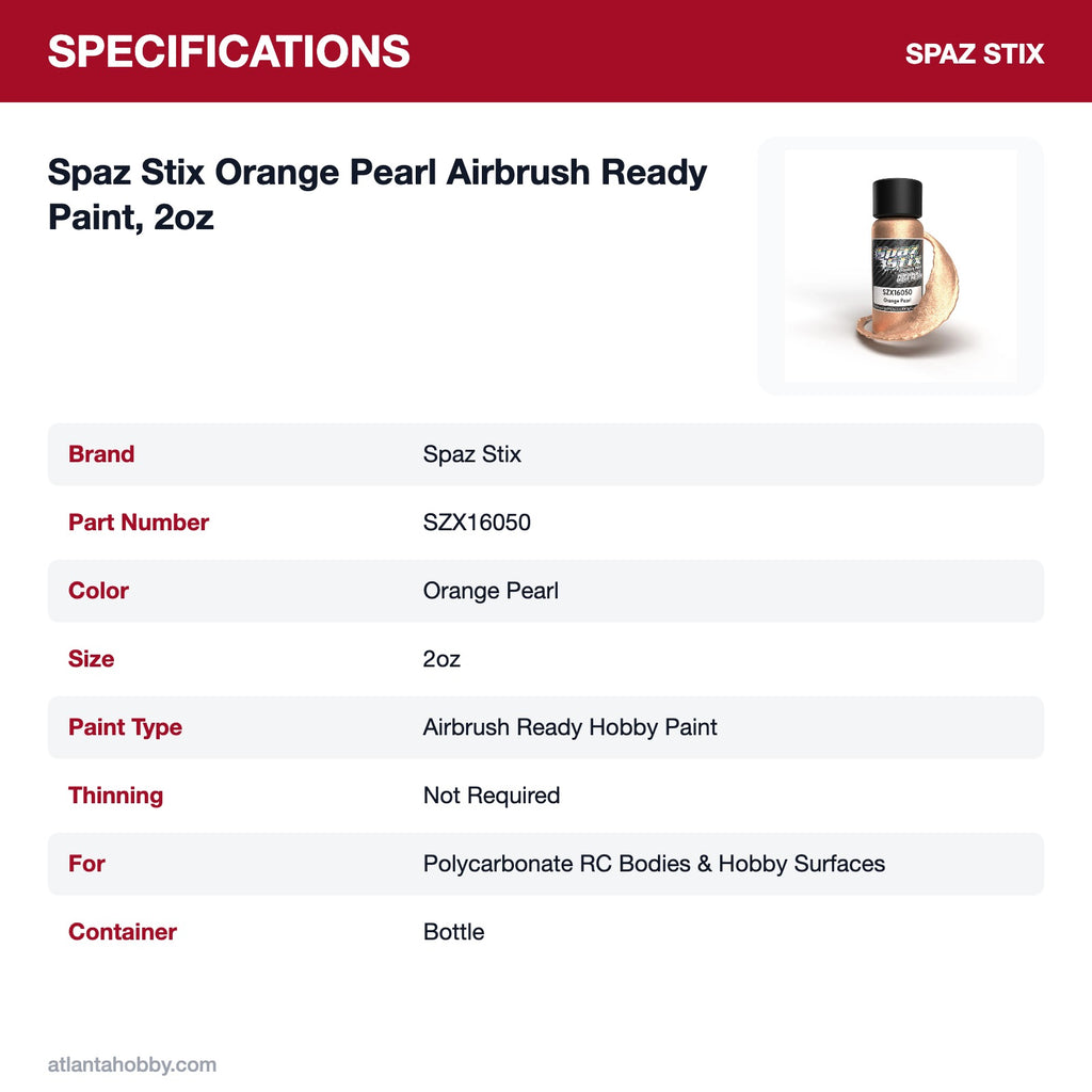 Spaz Stix Orange Pearl Airbrush Ready Paint, 2oz specifications