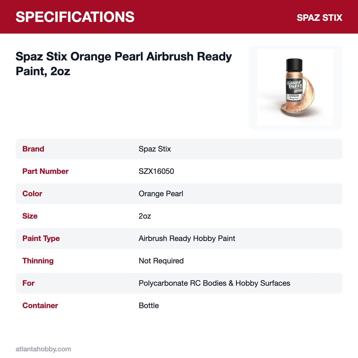Spaz Stix Orange Pearl Airbrush Ready Paint, 2oz specifications