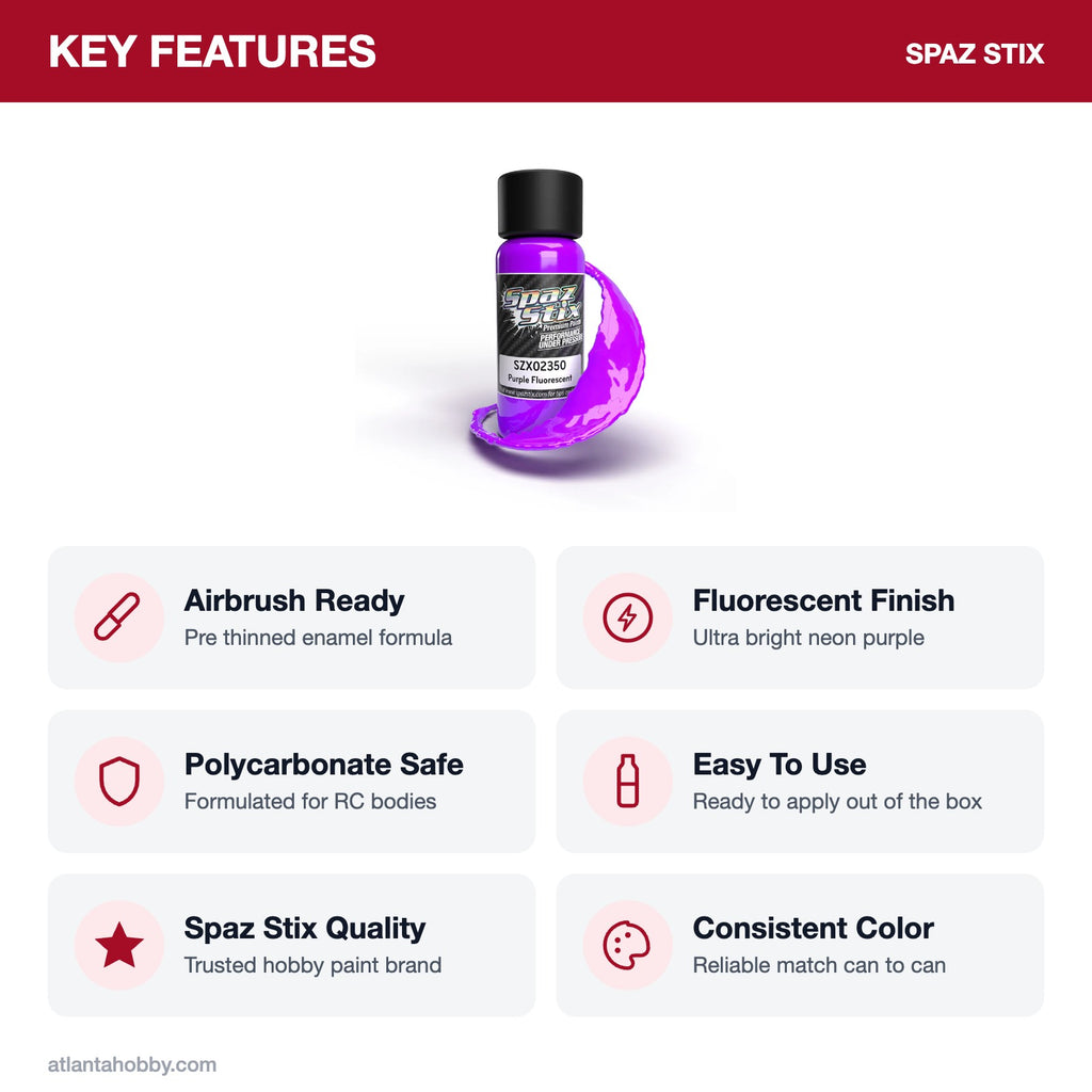Spaz Stix Purple Fluorescent Airbrush Ready Paint, 2oz key features