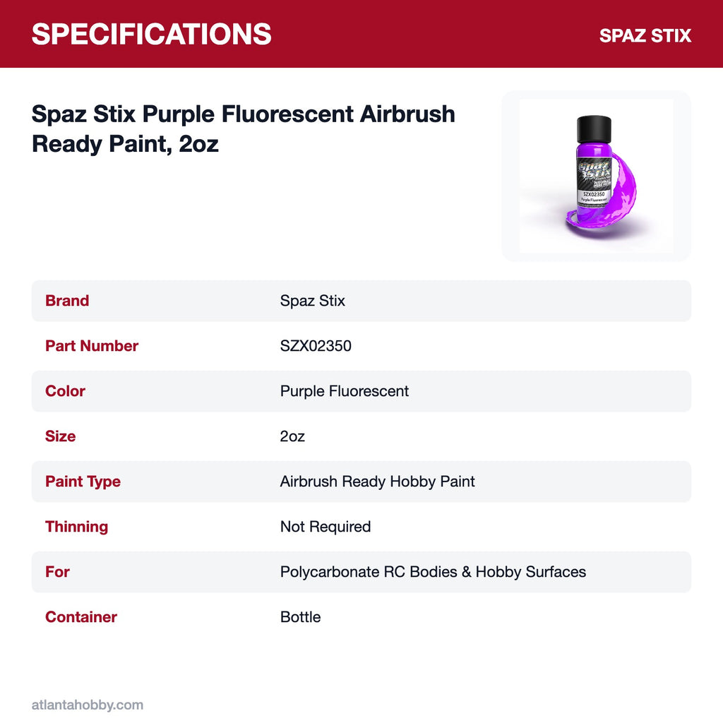 Spaz Stix Purple Fluorescent Airbrush Ready Paint, 2oz specifications