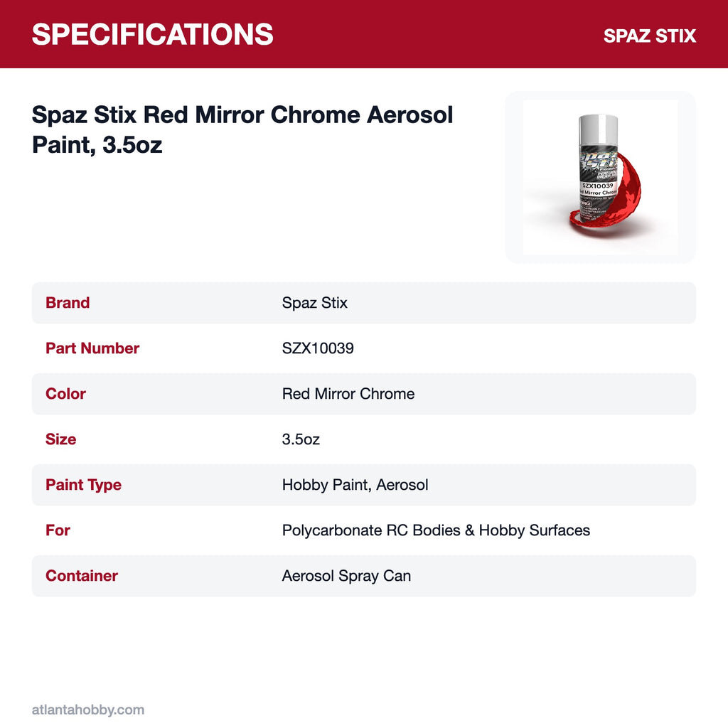 Spaz Stix Red Mirror Chrome Aerosol Paint, 3.5oz specifications