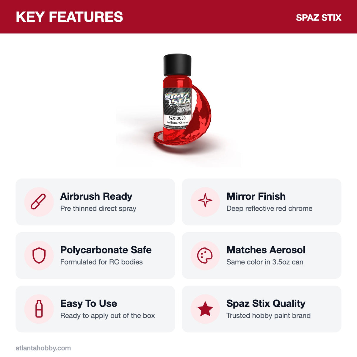 Spaz Stix Red Mirror Chrome Airbrush Ready Paint, 2oz key features
