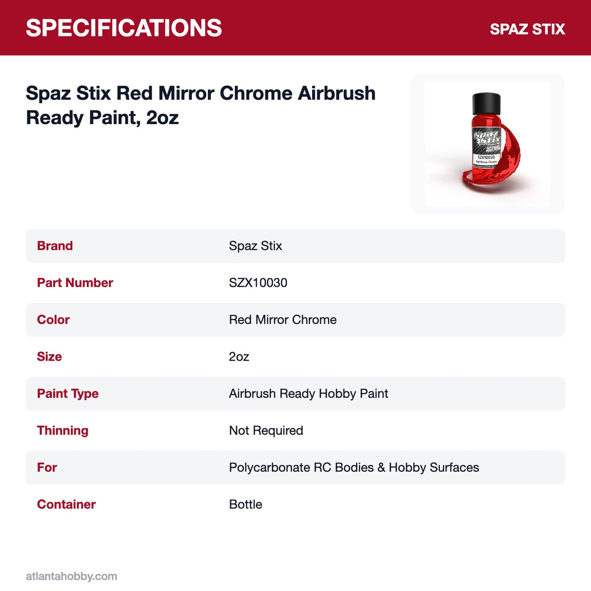 Spaz Stix Red Mirror Chrome Airbrush Ready Paint, 2oz specifications