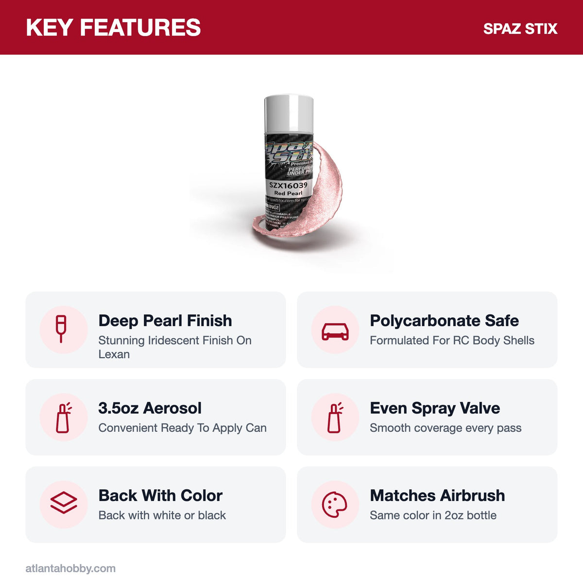 Spaz Stix Red Pearl Aerosol Paint, 3.5oz key features