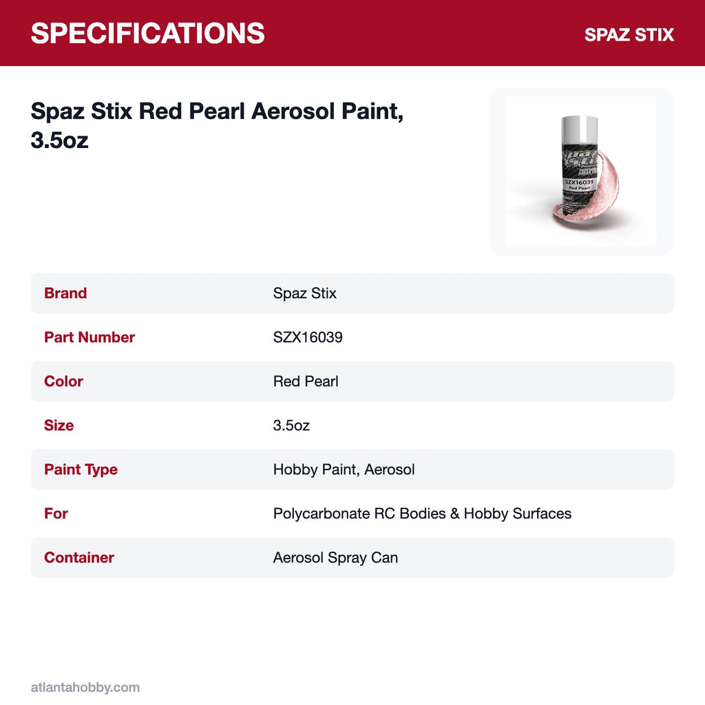 Spaz Stix Red Pearl Aerosol Paint, 3.5oz specifications
