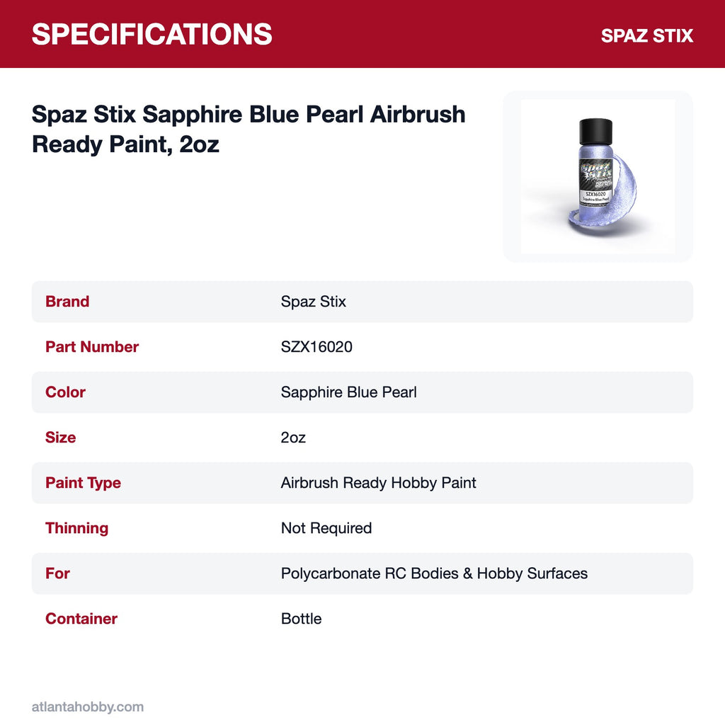 Spaz Stix Sapphire Blue Pearl Airbrush Ready Paint, 2oz specifications