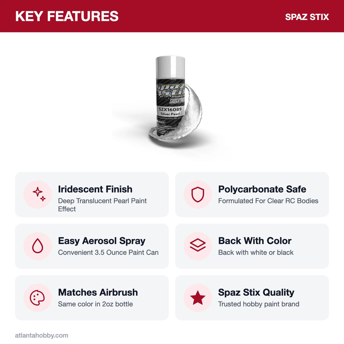 Spaz Stix Silver Pearl Aerosol Paint, 3.5oz key features