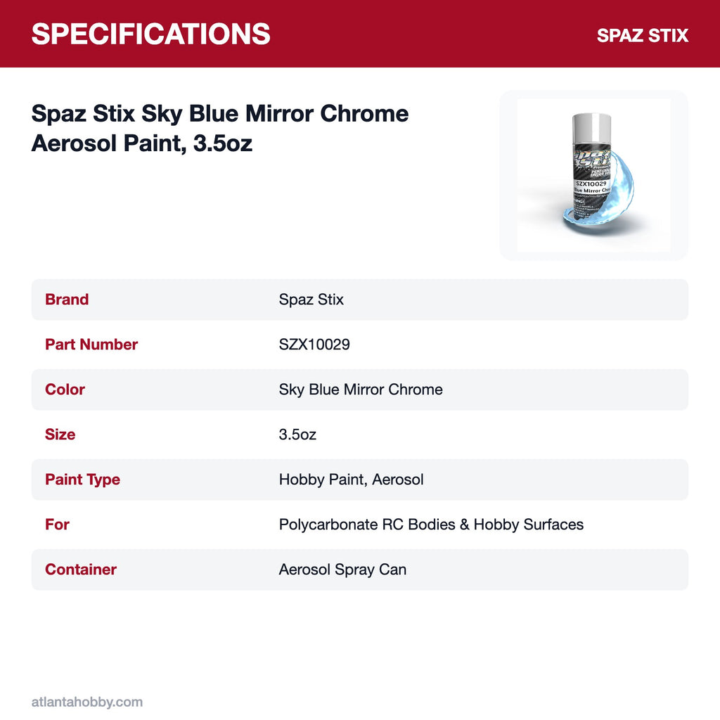 Spaz Stix Sky Blue Mirror Chrome Aerosol Paint, 3.5oz specifications