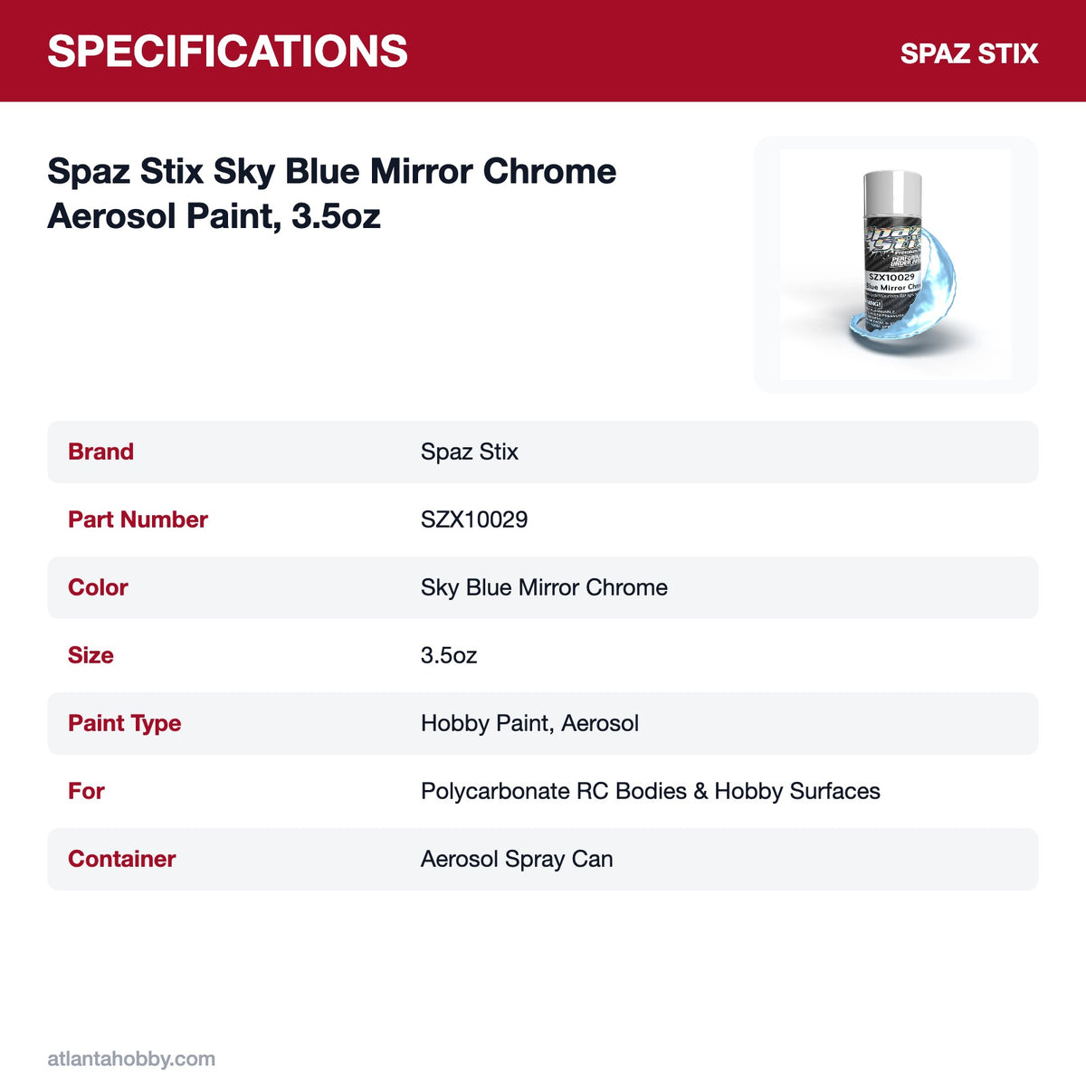 Spaz Stix Sky Blue Mirror Chrome Aerosol Paint, 3.5oz specifications