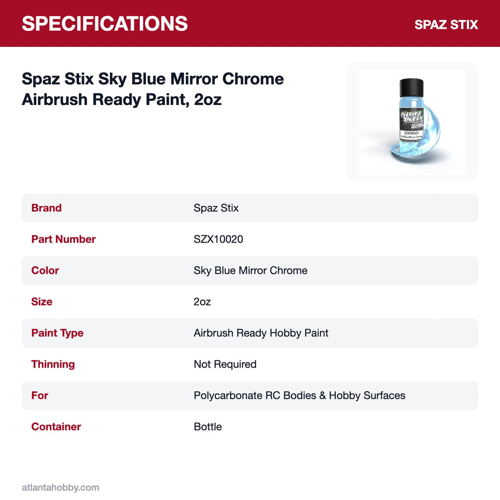 Spaz Stix Sky Blue Mirror Chrome Airbrush Ready Paint, 2oz specifications