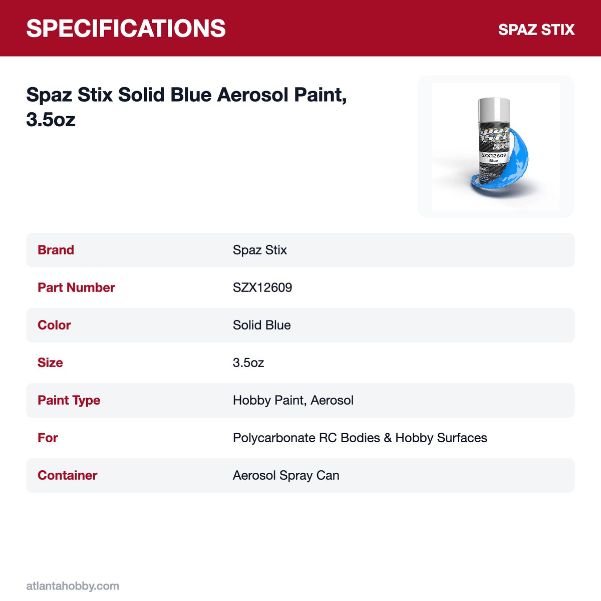 Spaz Stix Solid Blue Aerosol Paint, 3.5oz specifications