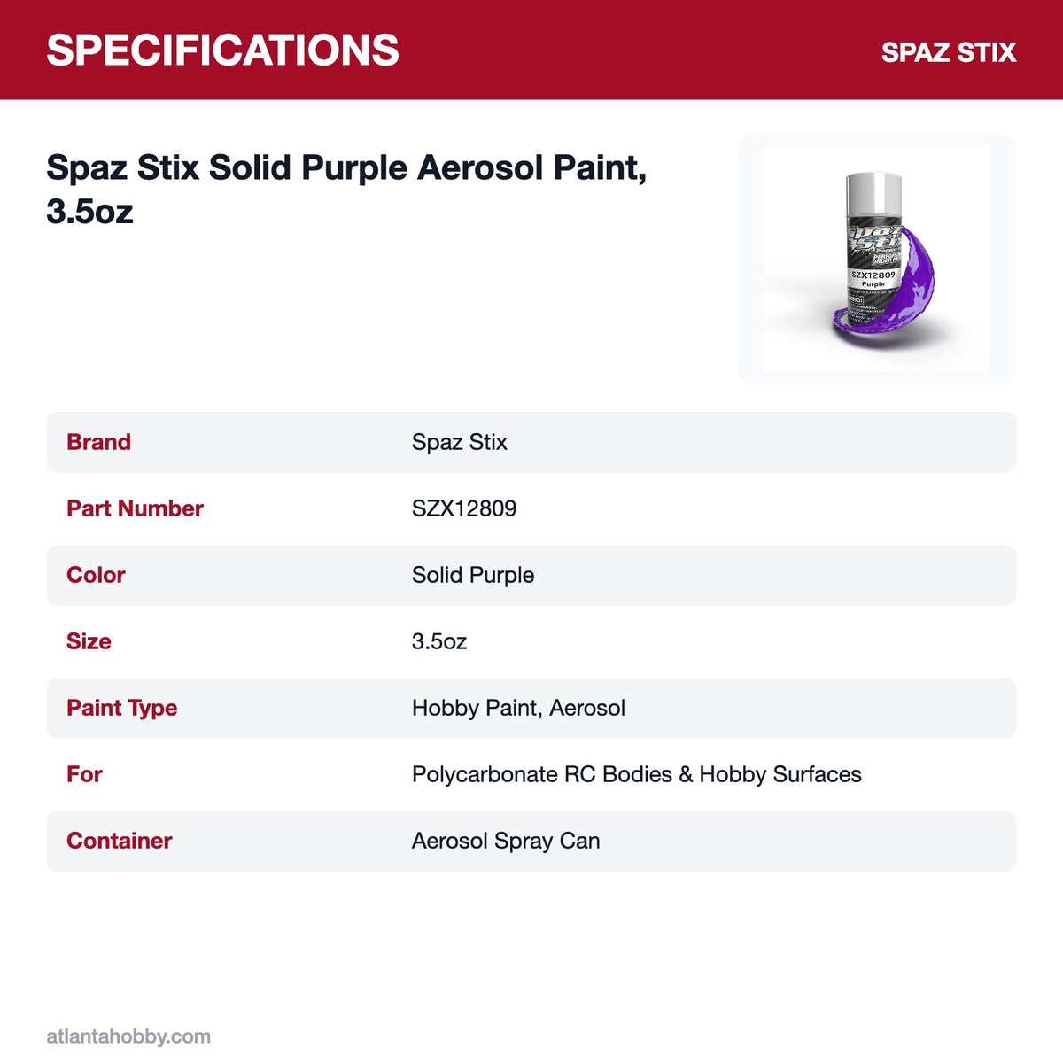 Spaz Stix Solid Purple Aerosol Paint, 3.5oz specifications