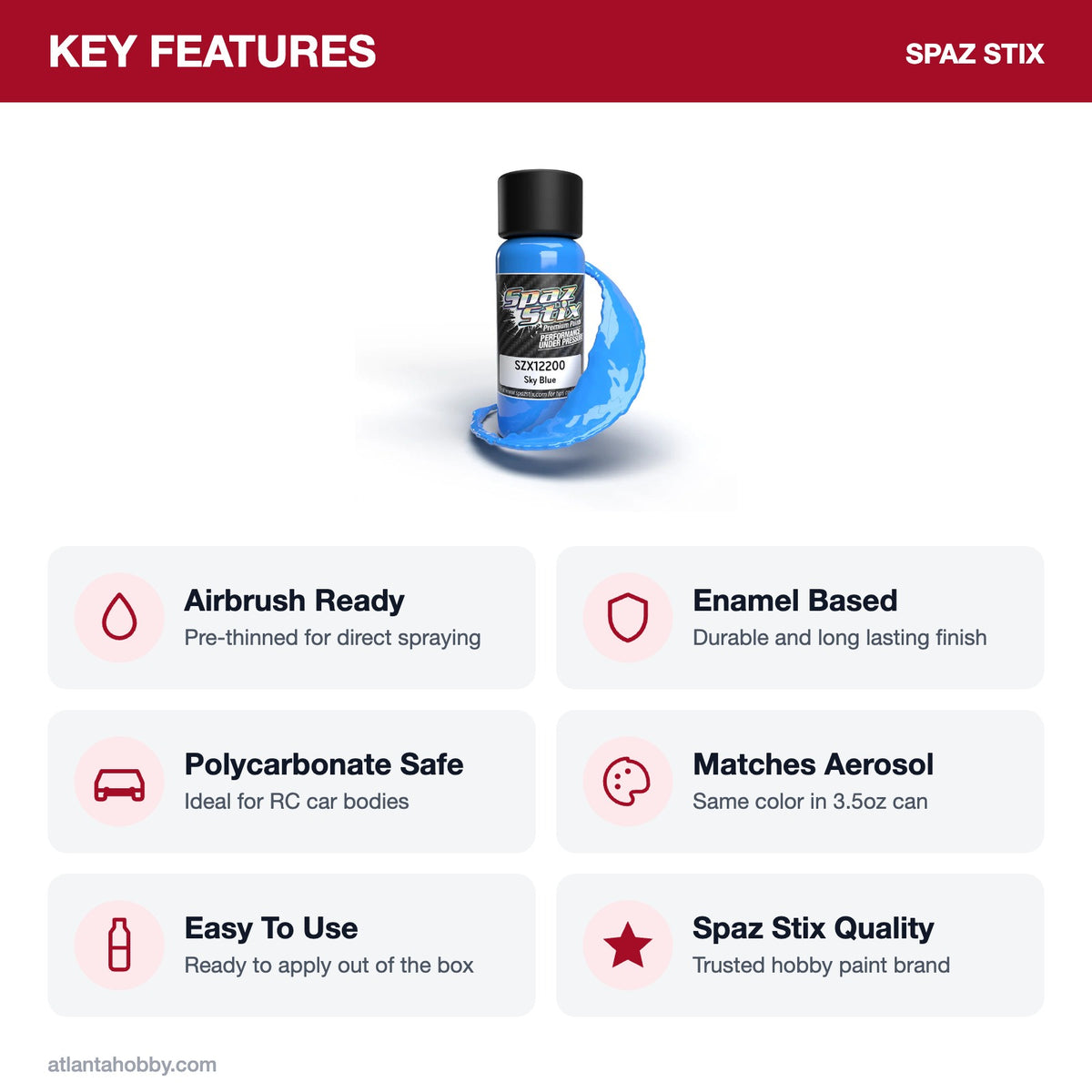 Spaz Stix Solid Sky Blue Airbrush Ready Paint, 2oz key features