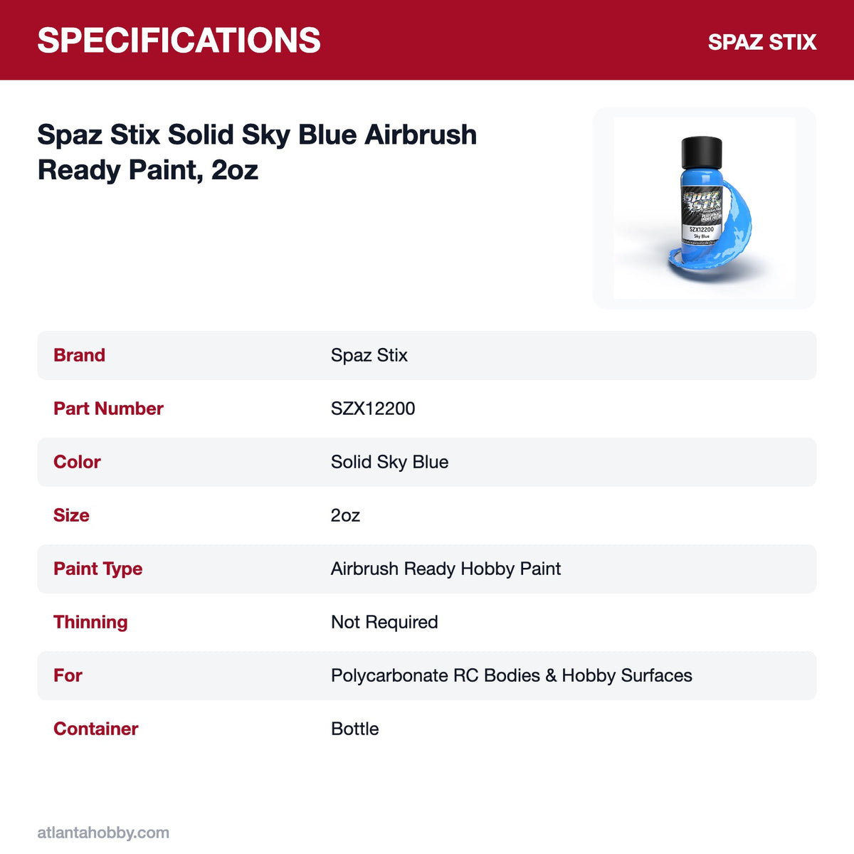 Spaz Stix Solid Sky Blue Airbrush Ready Paint, 2oz specifications