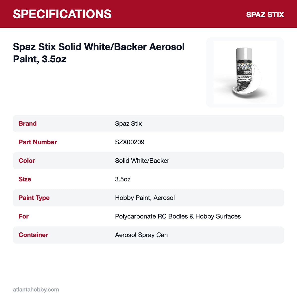 Spaz Stix Solid White/Backer Aerosol Paint, 3.5oz specifications