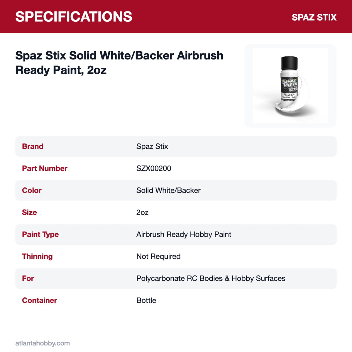 Spaz Stix Solid White/Backer Airbrush Ready Paint, 2oz specifications