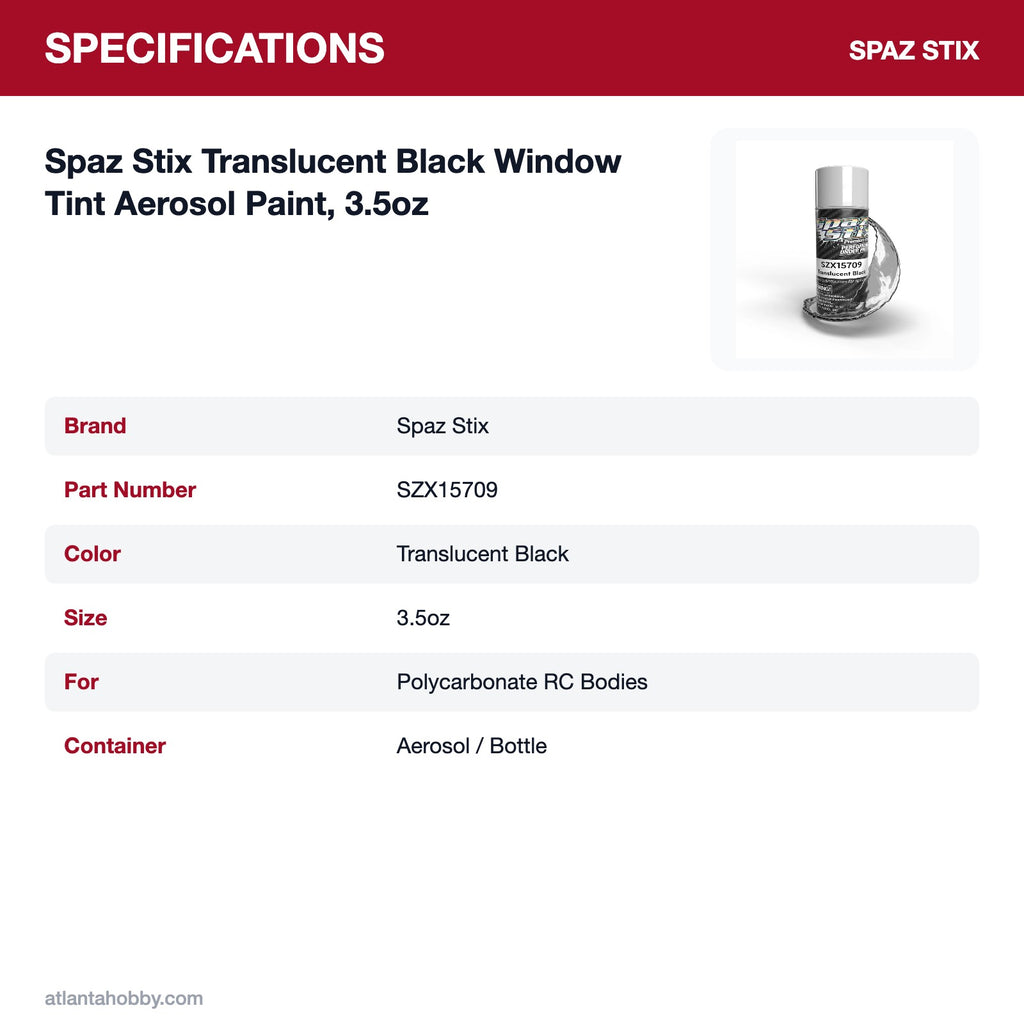 Spaz Stix Translucent Black Window Tint Aerosol Paint, 3.5oz specifications