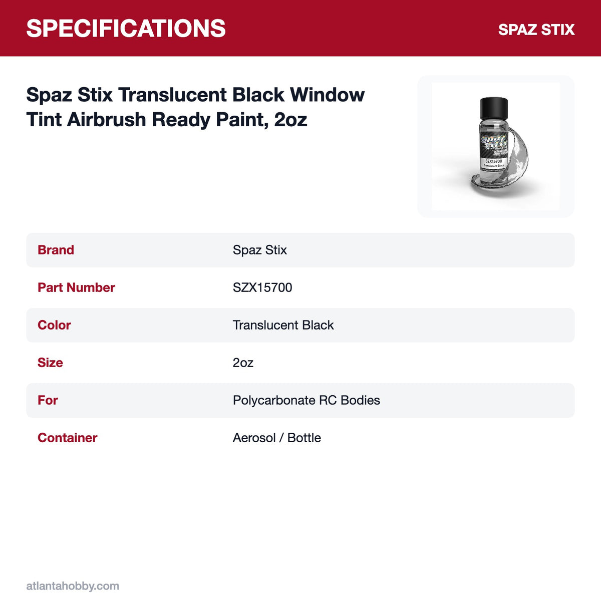 Spaz Stix Translucent Black Window Tint Airbrush Ready Paint, 2oz specifications