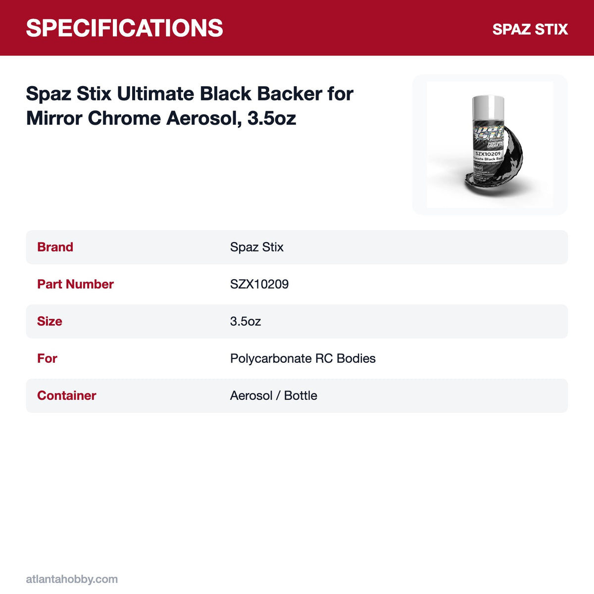 Spaz Stix Ultimate Black Backer for Mirror Chrome Aerosol, 3.5oz specifications