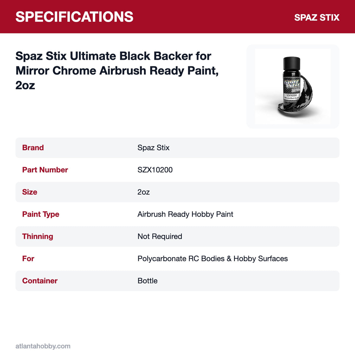 Spaz Stix Ultimate Black Backer for Mirror Chrome Airbrush Ready Paint, 2oz specifications