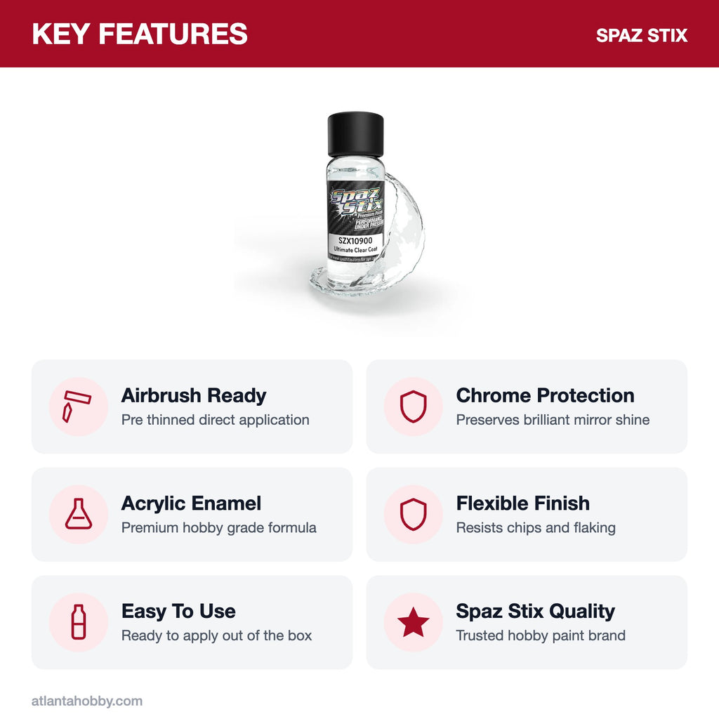 Spaz Stix Ultimate Clear Coat for Mirror Chrome Airbrush Ready Paint, 2oz key features