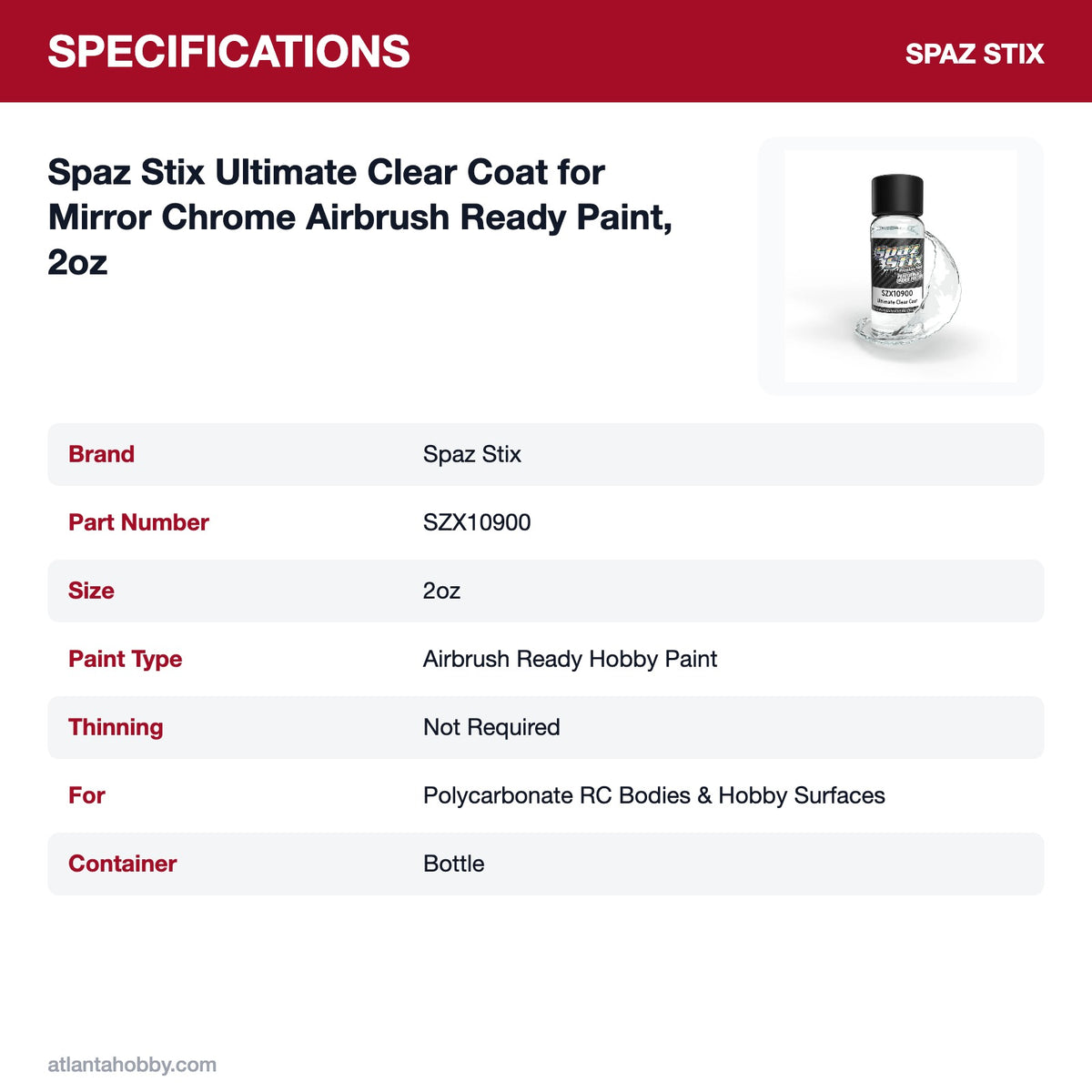 Spaz Stix Ultimate Clear Coat for Mirror Chrome Airbrush Ready Paint, 2oz specifications