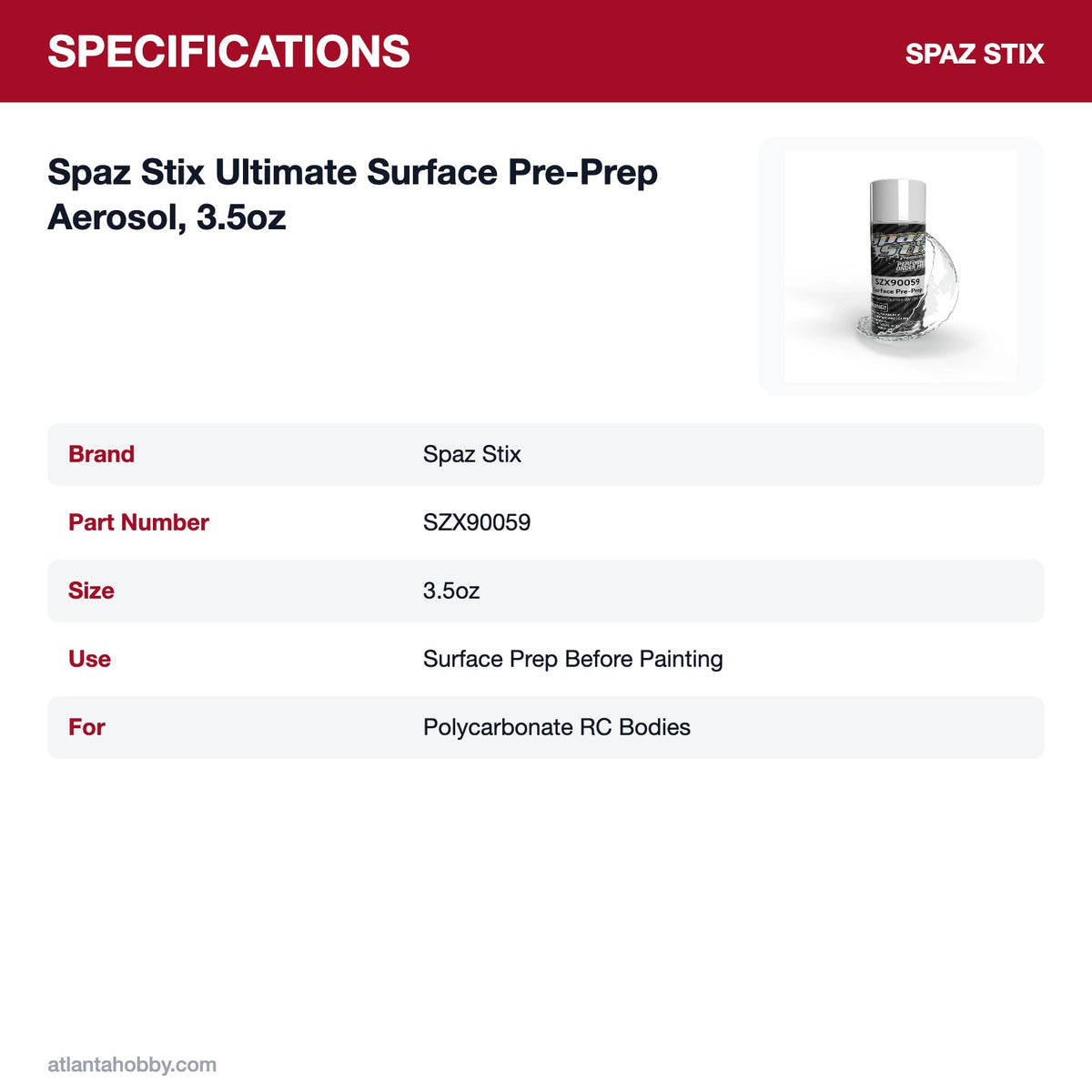 Spaz Stix Ultimate Surface Pre-Prep Aerosol, 3.5oz specifications