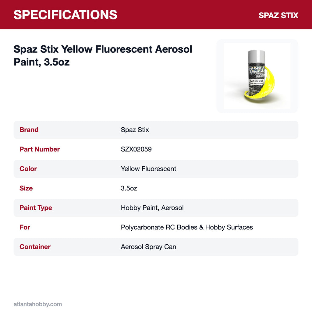 Spaz Stix Yellow Fluorescent Aerosol Paint, 3.5oz specifications