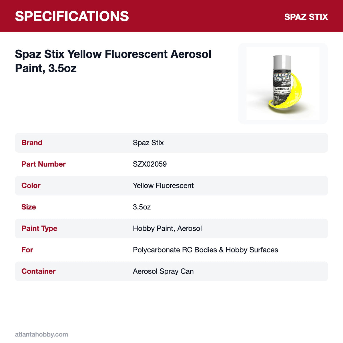 Spaz Stix Yellow Fluorescent Aerosol Paint, 3.5oz specifications