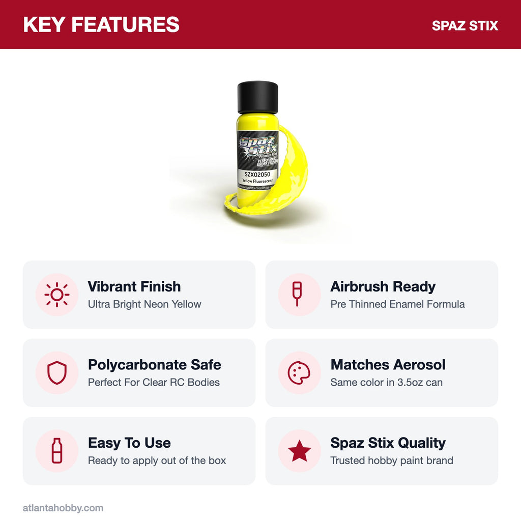 Spaz Stix Yellow Fluorescent Airbrush Ready Paint, 2oz key features