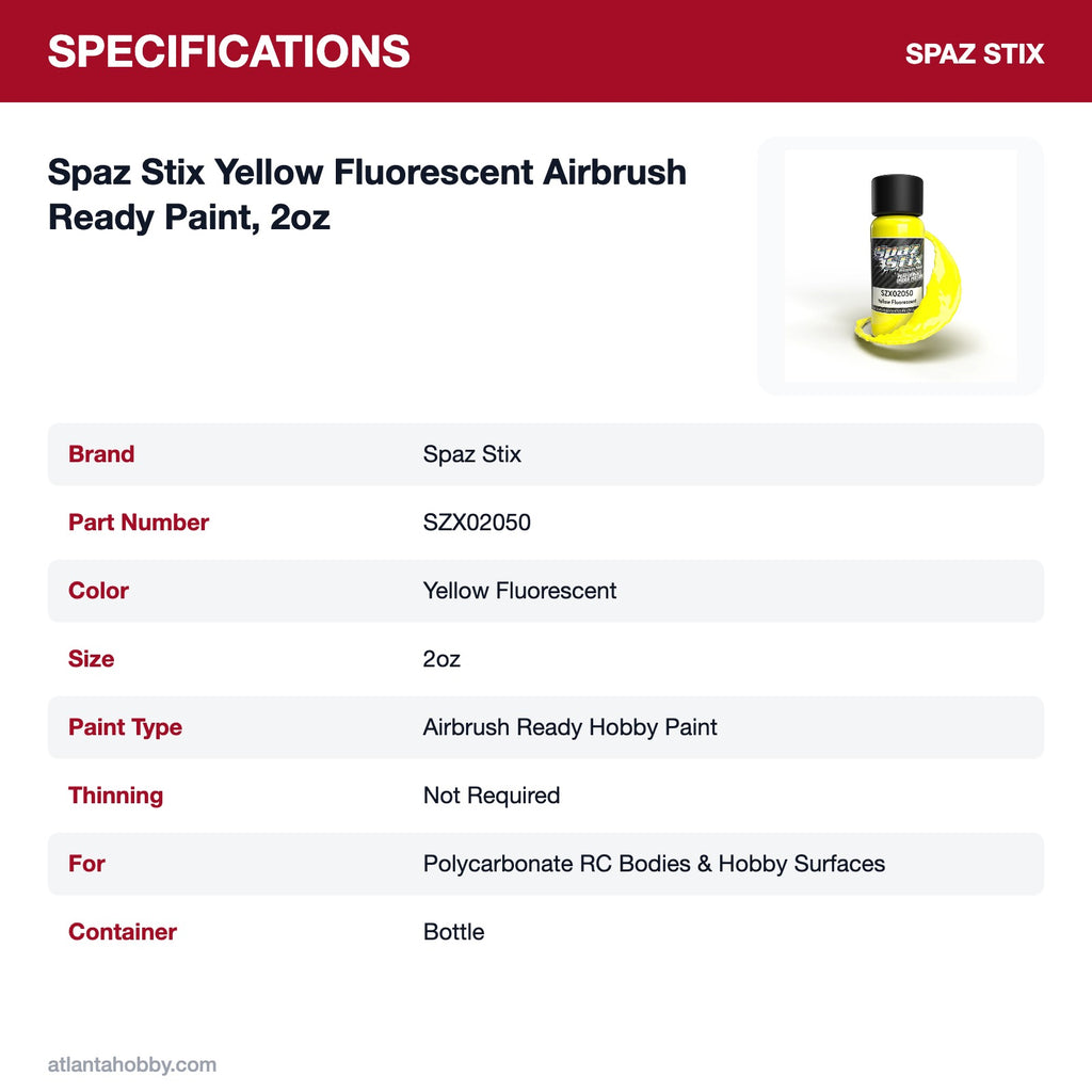 Spaz Stix Yellow Fluorescent Airbrush Ready Paint, 2oz specifications