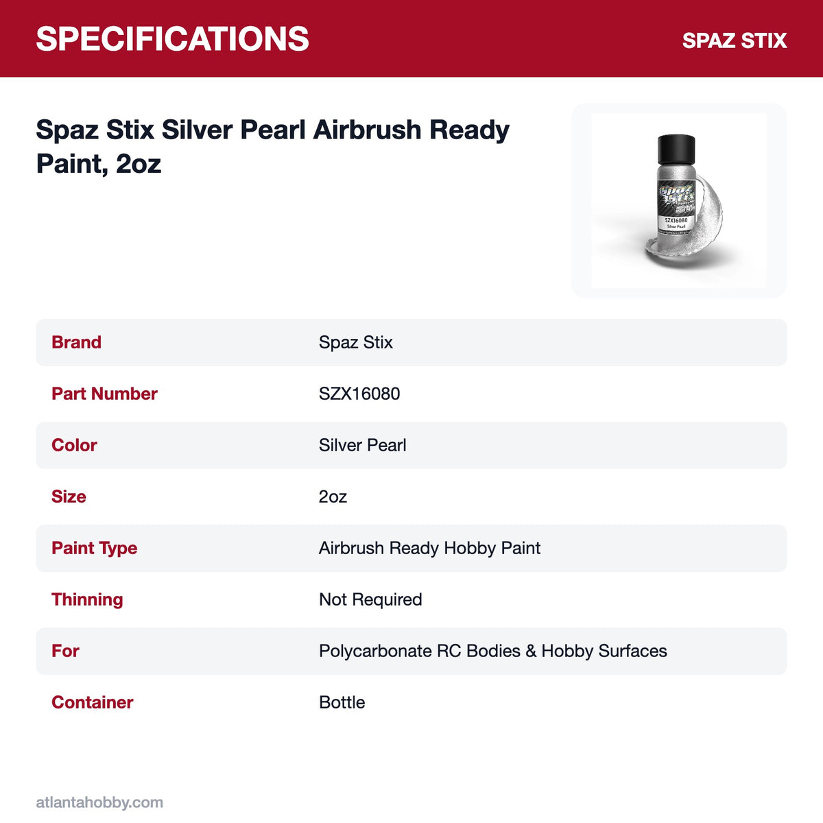 Spaz Stix Silver Pearl Airbrush Ready Paint, 2oz specifications