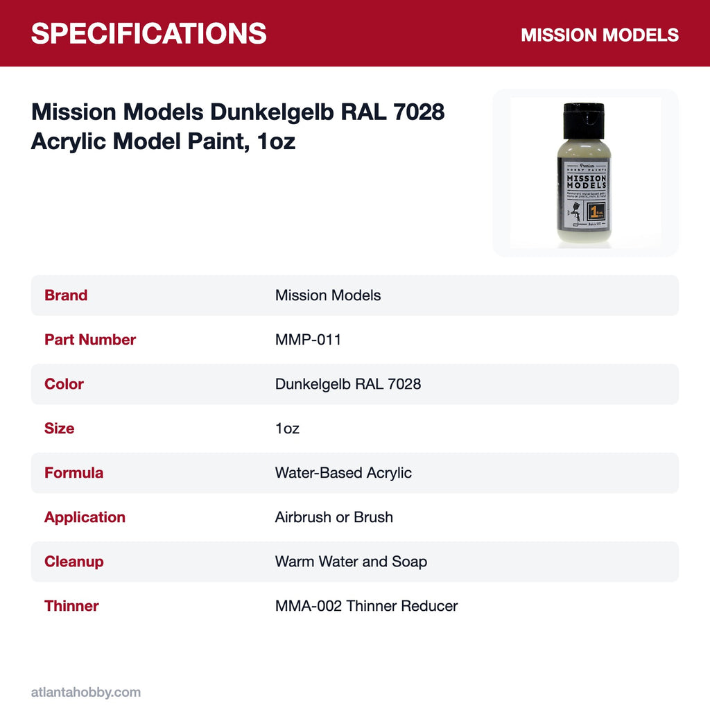 Mission Models Dunkelgelb RAL 7028 Acrylic Model Paint, 1oz specifications