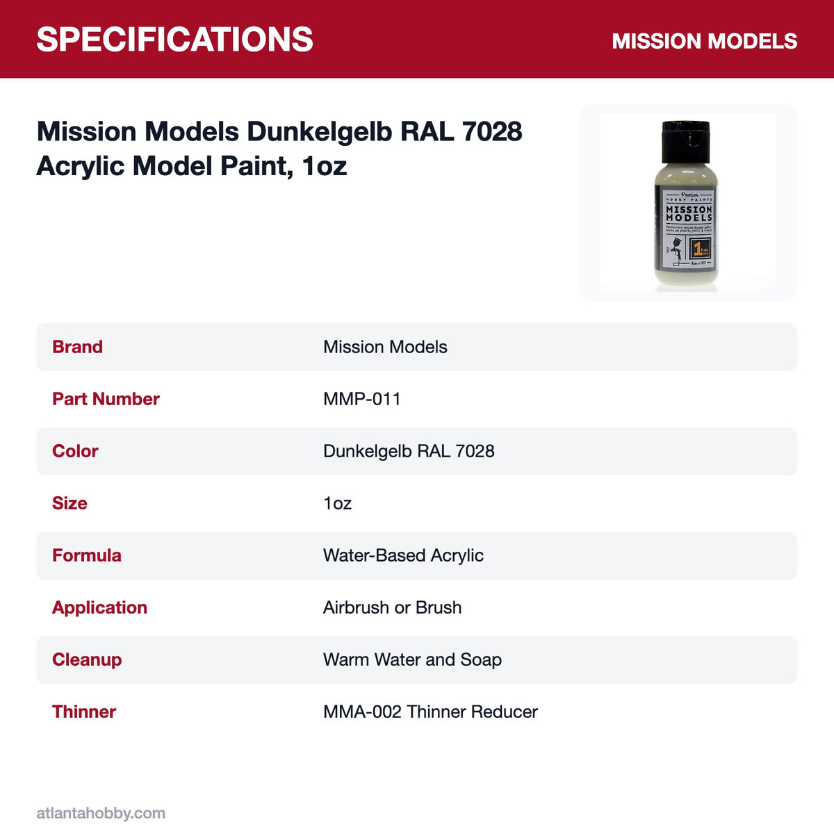 Mission Models Dunkelgelb RAL 7028 Acrylic Model Paint, 1oz specifications