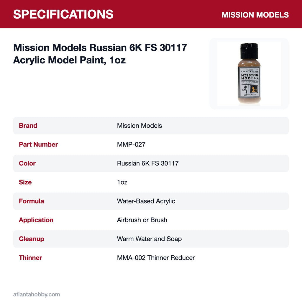 Mission Models Russian 6K FS 30117 Acrylic Model Paint, 1oz specifications