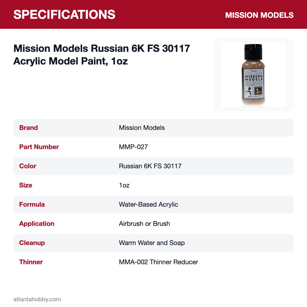 Mission Models Russian 6K FS 30117 Acrylic Model Paint, 1oz specifications