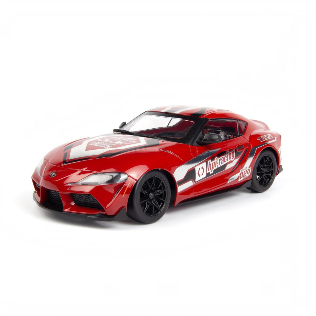 HPI Racing Stage-D24 2024 Toyota GR Supra Red HPI161267 with drift decals applied, front three-quarter view