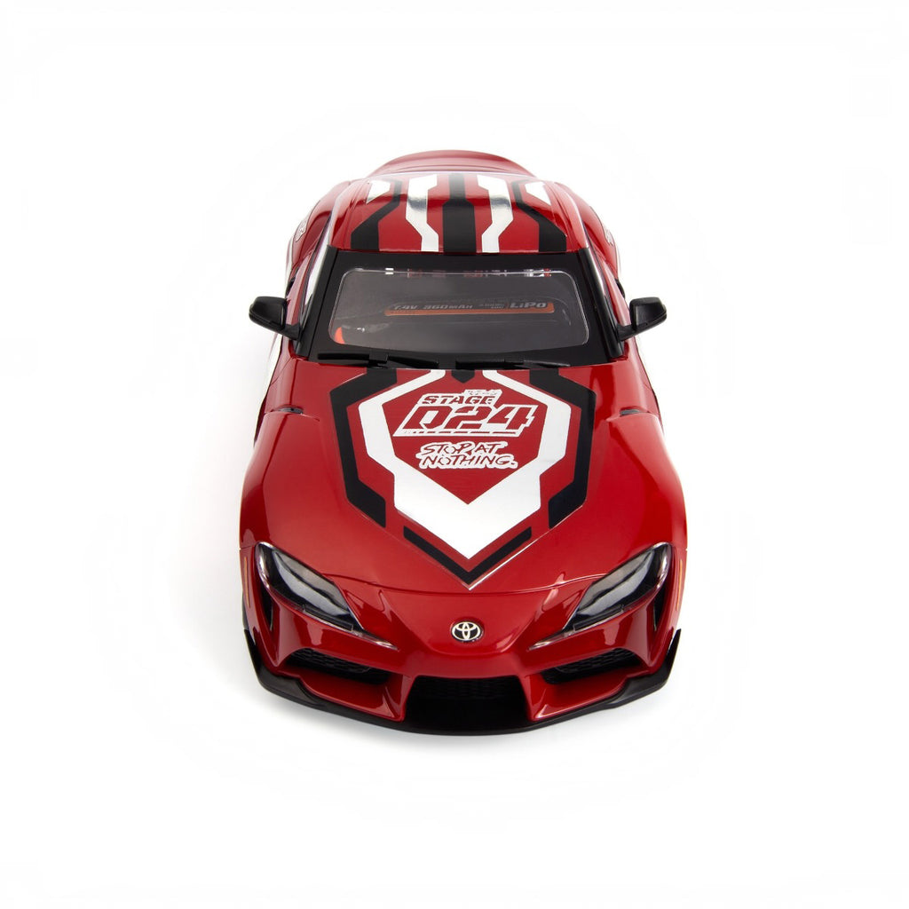 HPI Racing Stage-D24 2024 Toyota GR Supra Red HPI161267 with drift decals applied, front view from above