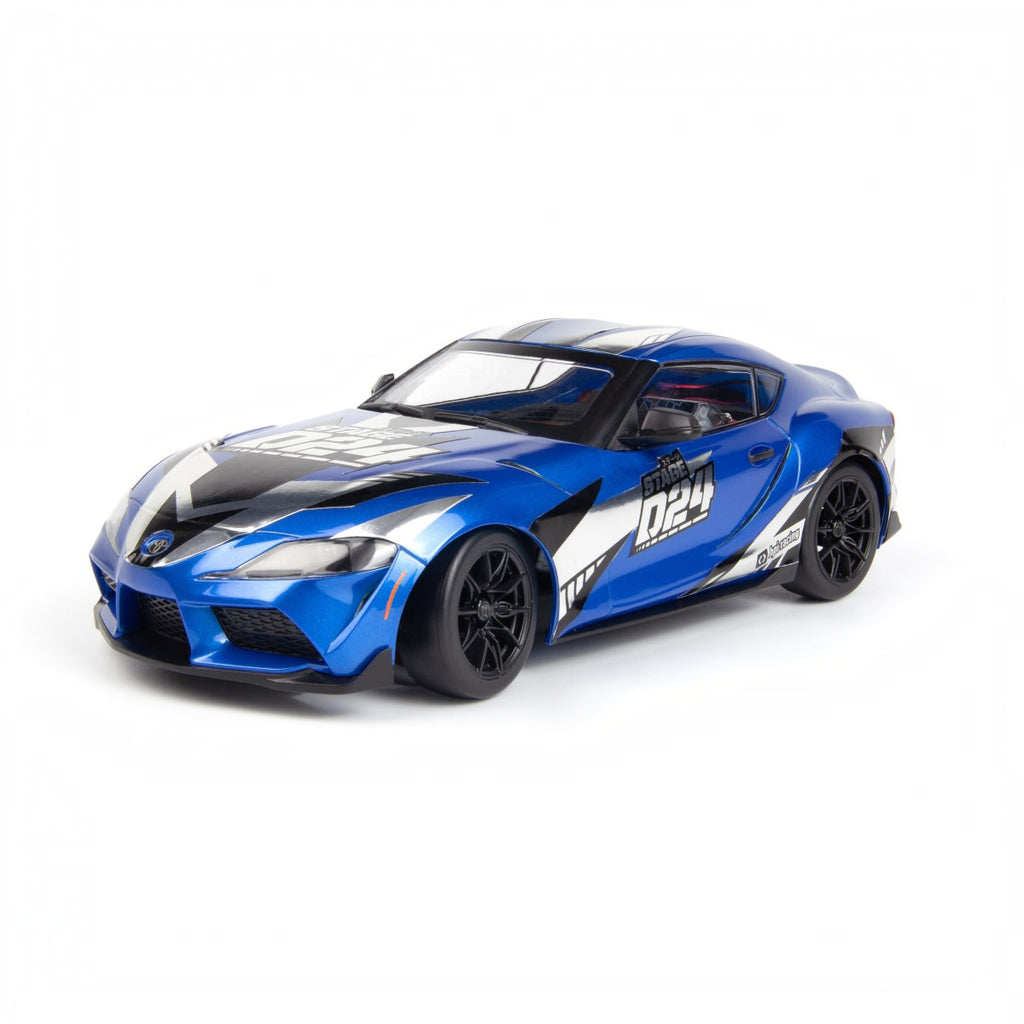 HPI Racing Stage-D24 2024 Toyota GR Supra Metallic Blue HPI161268 with drift decals applied, front three-quarter view