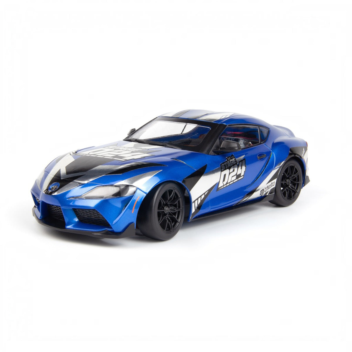 HPI Racing Stage-D24 2024 Toyota GR Supra Metallic Blue HPI161268 with drift decals applied, front three-quarter view