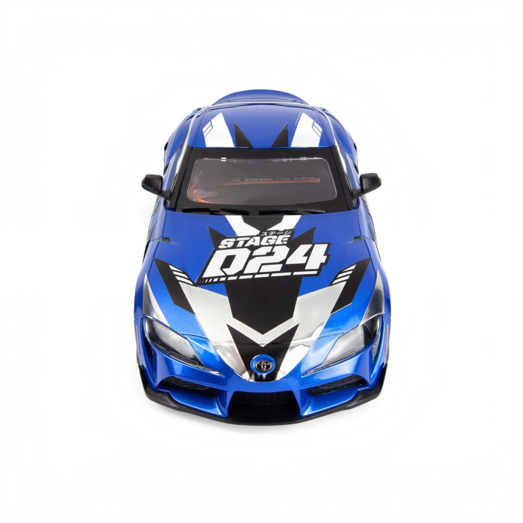 HPI Racing Stage-D24 2024 Toyota GR Supra Metallic Blue HPI161268 with drift decals applied, front view from above
