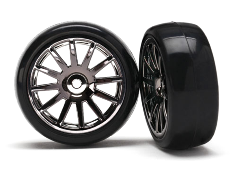 LaTrax Slick Tires & 12-Spoke Wheels (2), Front/Rear – Black Chrome for Rally (7573A)